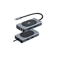 Winex 9in1 4K HDMI USB Ethernet PD Girişli 15W Kablosuz Şarj USB Type-C Hub Port Adaptör