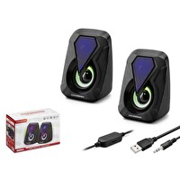 Hadron HD6054 Ledli 1+1 Kanal 2x3W Çıkışlı 3.5mm AUX Ses - USB Güç Beslemeli Bilgisayar Hoparlörü - Siyah
