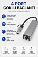 Coverzone USB-A ve Type-C 4 Port USB Hub- ENT 3 USB-A - RJ45 Gigabit Ethernet Adaptörü 1000 Mbps LAN USB 3.0 5 Gbps Hızlı Veri