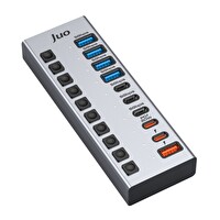 Juo USB-A 10 Portlu Anahtarlı 5xUSB-A 5xType-C 5Gbps PD Hızlı Şarj Destekli USB 3.1 Çoklayıcı Dönüştürücü Hub