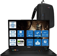MSI Nb Stealth 18 Hx Ultra 9 275HX 128 GB RAM 512 GB SSD 12 GB RTX 5070 Ti 18" QHD+ W11Pro A2XWHGP29 - Zetta Çanta