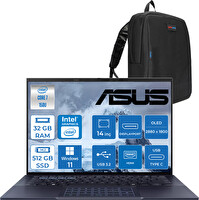 Asus Expert Book B9 OLED 7 150U 32 GB RAM 512 GB SSD Graphic W11Pro 14" Wqxga+ 400NIT OLED 90NX05W112 - Zetta Çanta