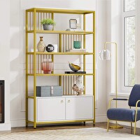 Zizuva Tasarım 180x100x30 CM Gold Beyaz Dolaplı Kitaplık