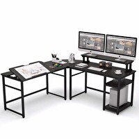 Zizuva 180+180x60x75 CM L Köşe Monitör Raflı Ceviz Çizim ve Çalışma Masası