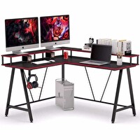 Zizuva Tasarım 145x90x55 CM L Model Monitör Raflı Siyah Oyuncu ve Çalışma Masası