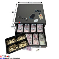Saypos 6 Banknot Gözlü Kolay Açma Buton ve Adaptörlü Anahtardan Açılır Para Çekmecesi 41x41x11 CM