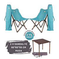 Bag The Joy Antrasit İskelet Turkuaz Kılıf ve 60x60x55 CM Antrasit Masa Ahşap Katlanır Masa Sandalye Seti