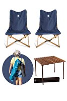 Bag The Joy Kahverengi İskelet Lacivert Kılıf 70x70x55 CM Kahverengi Masa Ahşap Katlanır Masa Sandalye Seti
