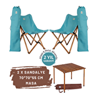 Bag The Joy Kahverengi İskelet Turkuaz Kılıf 70x70x55 CM Kahverengi Masa Ahşap Katlanır Masa Sandalye Seti