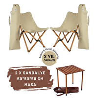 Bag The Joy Kahverengi İskelet Bej Kılıf 50x50x50 CM Kahverengi Masa Ahşap Katlanır Masa Sandalye Seti