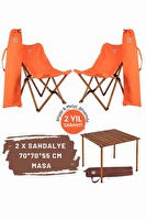 Bag The Joy Kahverengi İskelet Turuncu Kılıf Sandalye ve 70x70x55 CM Kahverengi Ahşap Katlanır Masa Seti