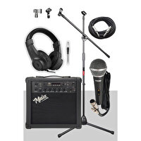 Midex MGA-25BK-PAK 25 W USB Bluetooth ve Şarjlı Elektro Gitar Amfisi (Amfi Mikrofon Stand Kulaklık Jack Kablo)