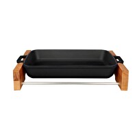 Lava 22x30 CM Döküm Yekpare Çift Kulplu Döküm Dikdörtgen Siyah Rosto ve Fırın Tepsisi - Kayın Servis Ahşabı LV P TP 2230 K4 BL
