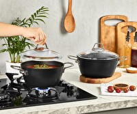 Amboss Dark Cam Kapaklı Yanmaz Yapışmaz Titanyum Kaplama 20 CM Granit Derin Tencere