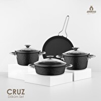 Amboss Cruz Payrex Cam Kapaklı Fırına Girebilen Granit Döküm 7 Parça Siyah Tencere Seti