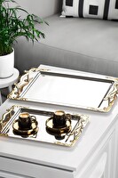 Nehir 2'li Lalezar Altın Paslanmaz Çelik Çay Kahve Servis Tepsisi