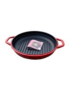 Hosse 28 CM Yuvarlak Demir Döküm Grill Tava Çift Kulplu Kırmızı