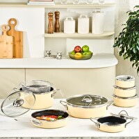 Karaca Erva Emaye İndüksiyon Tabanlı 14 Parça Krem Tencere Çeyiz Seti