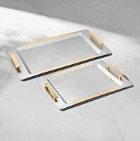 Nehir Sırma Sade Altın 2'li Paslanmaz Çelik Tepsi Çay - Kahve Tepsisi