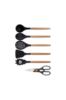 Kitchen Design Lab Siyah Bambu Silikon Kepçe Kaşık Kevgir Makarna Açılı Spatula Makas 6'lı Set