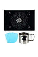 Kitchen Design Lab 45x65 CM Siyah Silikon Hamur Açma Matı, Çelik Un Eleği ve Hamur Şekillendirme Seti 3 Lü