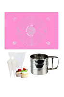 Kitchen Design Lab 45x65 CM Pembe Silikon Hamur Açma Matı Çelik Un Eleği Ve Kullan At Krema Sıkma Torbası Seti