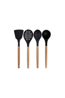 Kitchen Design Lab Siyah Bambu Silikon Servis Seti 7 Adet Kepçe Kaşık Kevgir Makarna Açılı Düz Spatula Silikon Maşa