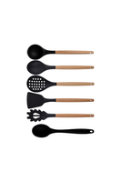 Kitchen Design Lab Siyah Bambu Silikon Kepçe Kaşık Kevgir Makarna Aparatı Açılı Spatula Silikon Kaşık Seti