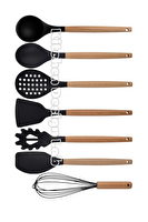 Kitchen Design Lab Siyah Bambu Silikon Servis Seti - Kepçe Kaşık Kevgir Makarna Açılı Düz Spatula Çırpıcı 7 Adet