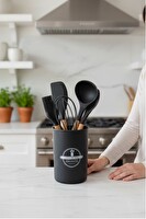 Elegant 5 Parça Silikon Kaşıklık Standlı Servis Seti Siyah