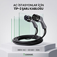 Coswatt Elektrikli Araba Tip-2 Şarj Kablosu 22 kW 32A 380V AC 5 Metre Kablo Çantalı
