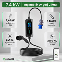 Coswatt Taşınabilir Elektrikli Araç Şarj İstasyonu 7 kW 32A Tip-2 Monofaze 5 m 3x32A Fişli Çantalı