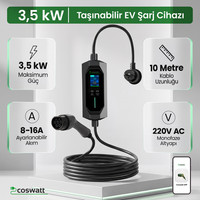 Cks Enerji Taşınabilir Elektrikli Araç Şarj Cihazı 3.5 Kw 16A Monofaze Schuko Fiş 10 M - Türkçe Menü