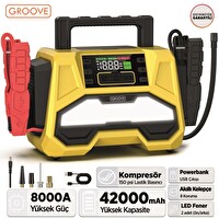 Groove F05 42000 mAh 8000 A Akü Takviye Cihazı - Lastik Şişirme Kompresörlü Taşınabilir Jump Starter PD 30W Hızlı Şarj