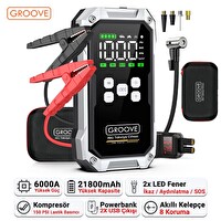Groove F04 21800mAh 6000A Akü Takviye Cihazı-Lastik Şişirme Pompası Kompresörlü Jump Starter Çanta-Powerbank-Led Lamba-LCD Ekran