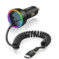 Rocoren 70W 3 Portlu 2xType-C 1xUSB-A Spiral Kablolu LED Işıklı Araç İçi Hızlı Şarj Cihazı