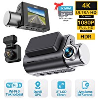 Kawa D7 2 Kameralı Ön ve Arka 4K+1080P HDR Wi-Fi 6 ve GPS'li Araç Kamerası - 64 GB Hafıza Kartı