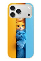 Le Balvo iPhone 17 Pro Max Uyumlu Mavi Sarı Kediler Baskılı Silikon Kılıf