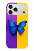 Le Balvo iPhone 17 Pro Max Uyumlu Mor Sarı Kelebek Baskılı Silikon Kılıf