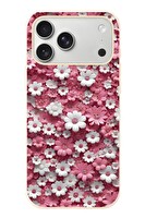 Le Balvo iPhone 17 Pro Max Uyumlu Beyaz Pembe Papatyalar Baskılı Silikon Kılıf