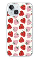 Le Balvo iPhone 15 Uyumlu Kırmızı Pembe Çilekler Baskılı Silikon Kılıf