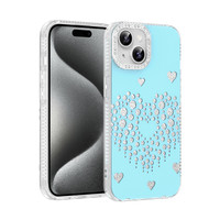 Başkenttekno iPhone 14 Uyumlu Kalpli Işıltılı Damla Taşlı Şeffaf Kenarlı Rivas Sert PC Koruyucu Telefon Kılıf Mavi