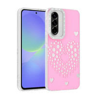 Başkenttekno Samsung Galaxy A36 Uyumlu Kalpli Işıltılı Damla Taşlı Şeffaf Kenarlı Rivas Sert PC Telefon Kılıf Pembe