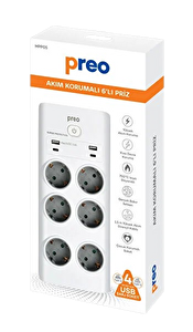 Preo Mpp05 2 Usb Portlu+2 Type C Portlu 6 Priz Girişli Akım Koruyucu Priz