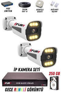 Fury 2 Kameralı 4 MP Gece Renkli Su Geçirmez IP Güvenlik Kamerası Seti 1506 250GB