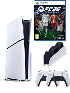 Sony Playstation 5 Slim 1 TB Oyun Konsolu +2. Dualsense Kol + Şarj İstasyonu + PS5 FC26 (İthalatçı Garantili)