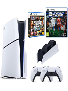 Sony Playstation 5 Slim 1 TB Oyun Konsolu +2. Dualsense Kol + Şarj İstasyonu + PS5 FC26 + GTA V Oyun (İthalatçı Garantili)