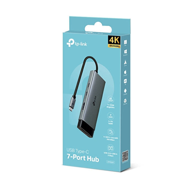 TP-Link UH7020C, 4K 60Hz HDMI, Gigabit Port,100W Hızlı Şarj, Kart Yuvaları, 7'si Bir Arada USB-C Hub