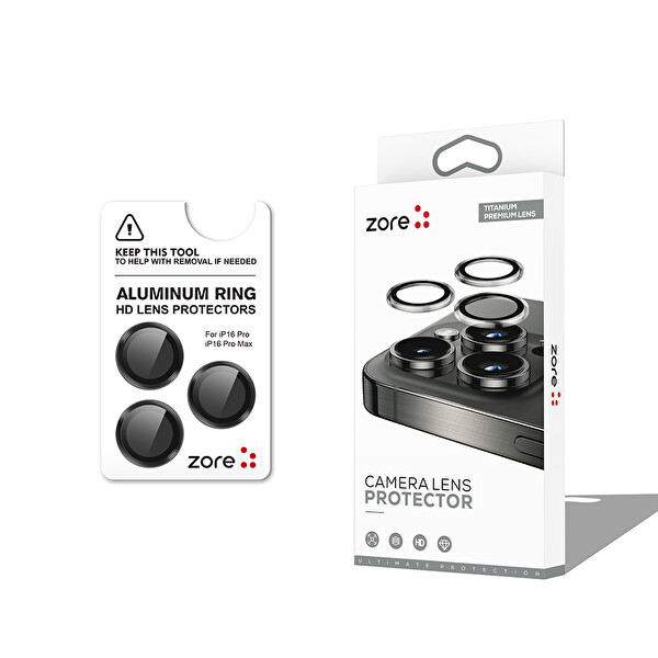Zore Apple iPhone 16 Pro Cl 12 Premium Safir Parmak İzi Bırakmayan Anti Reflective Kamera Lens Koruyucu Siyah