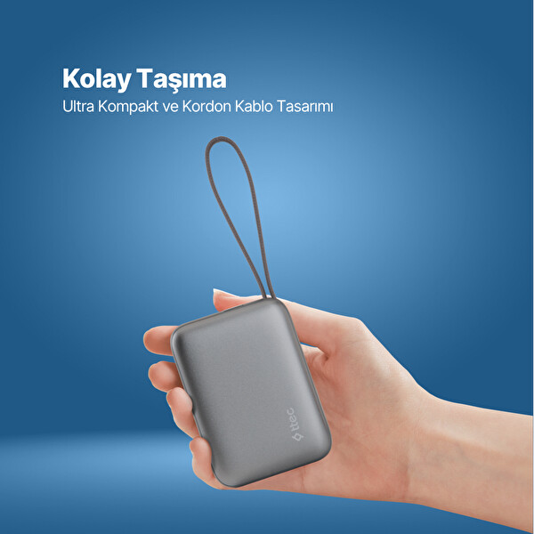 Ttec 2Bb232Gr Recharger Mini LCD 10.000Mah PD 35W USB-C Dahili Kablolu Powerbank